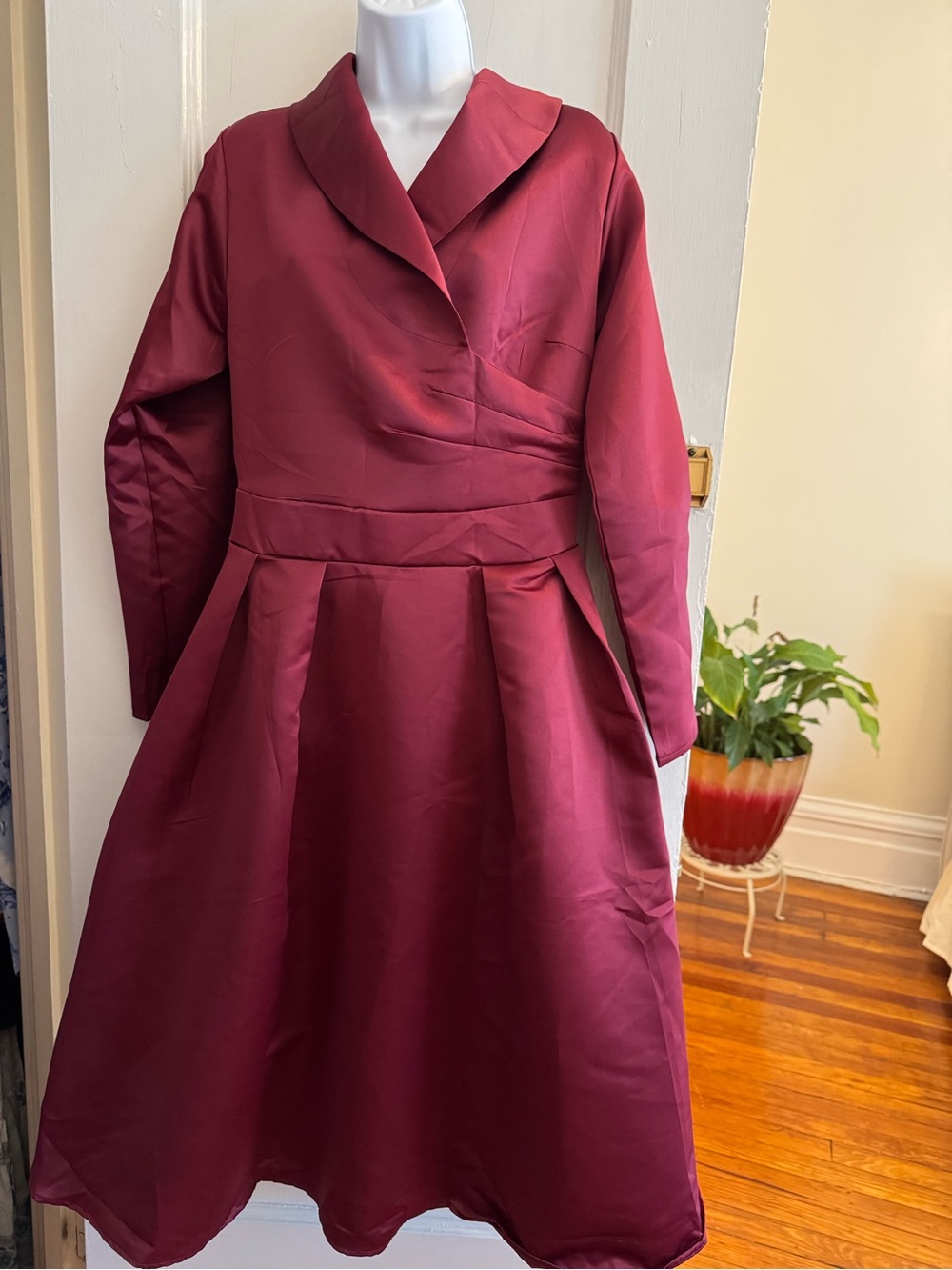 Wrap-Front Burgundy Midi Dress with Flared Skirt